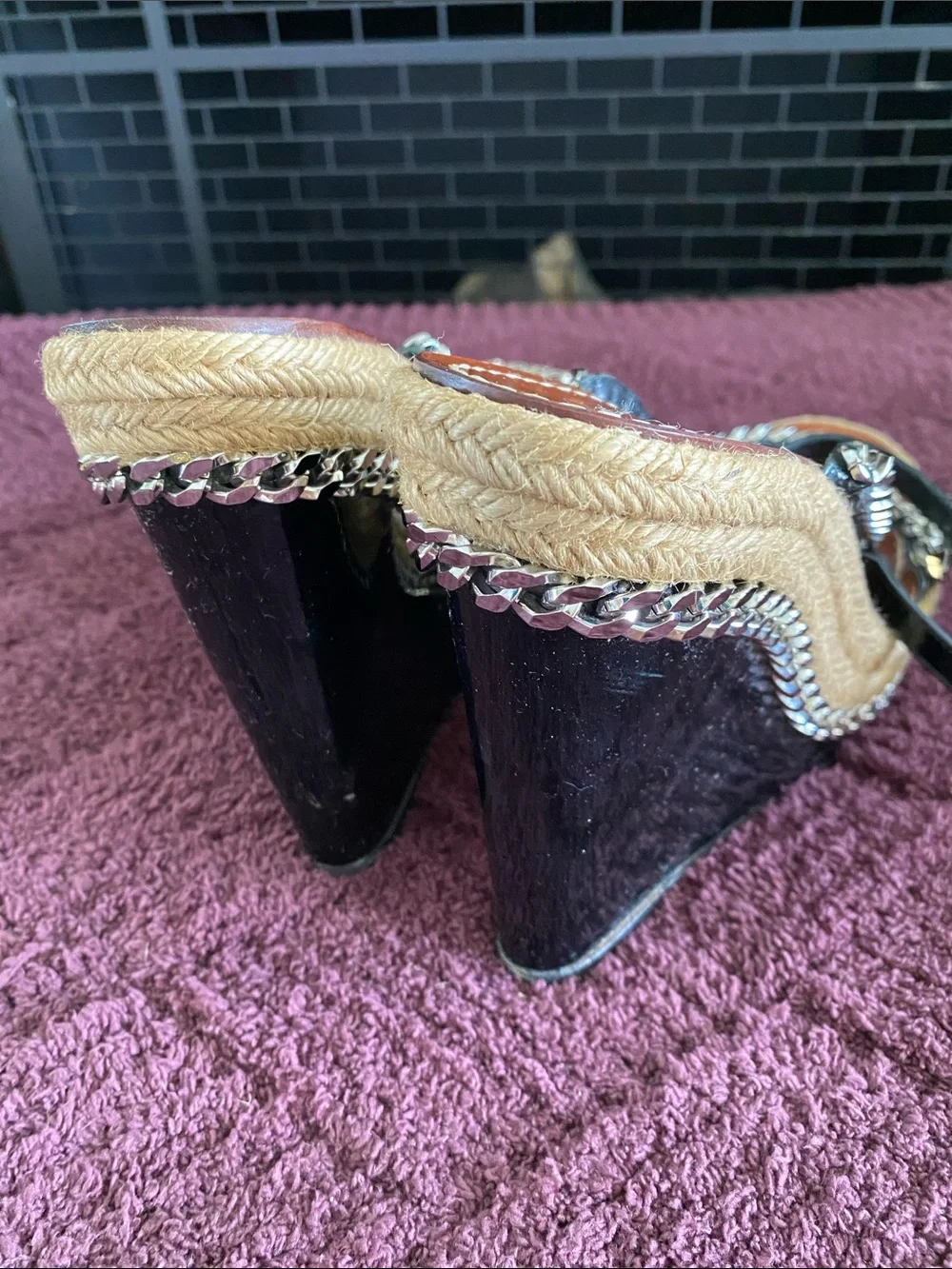 Christian Louboutin Black Patent Leather Espadrille Wedge Sandals